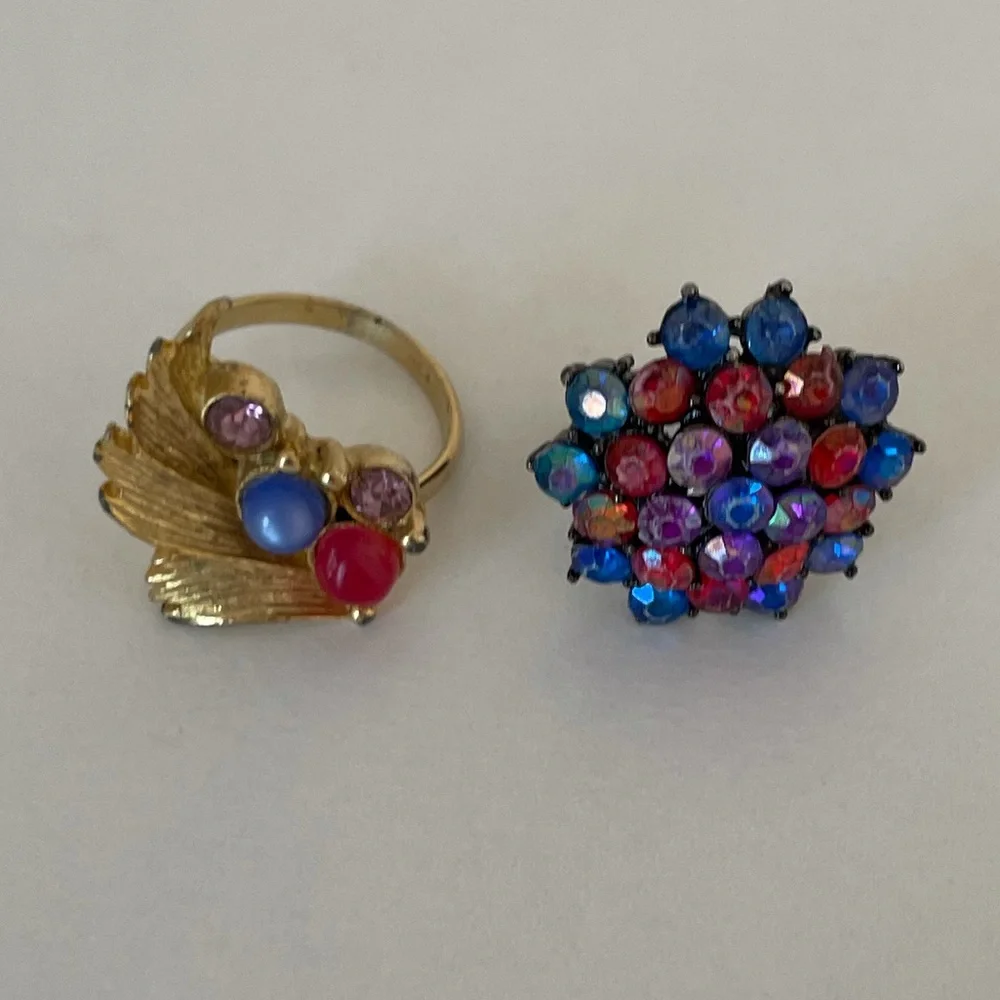 Vintage 70’s Rings Antique Gemstone Jewelry Adjustable 2 Piece Ring Set Blue Red
